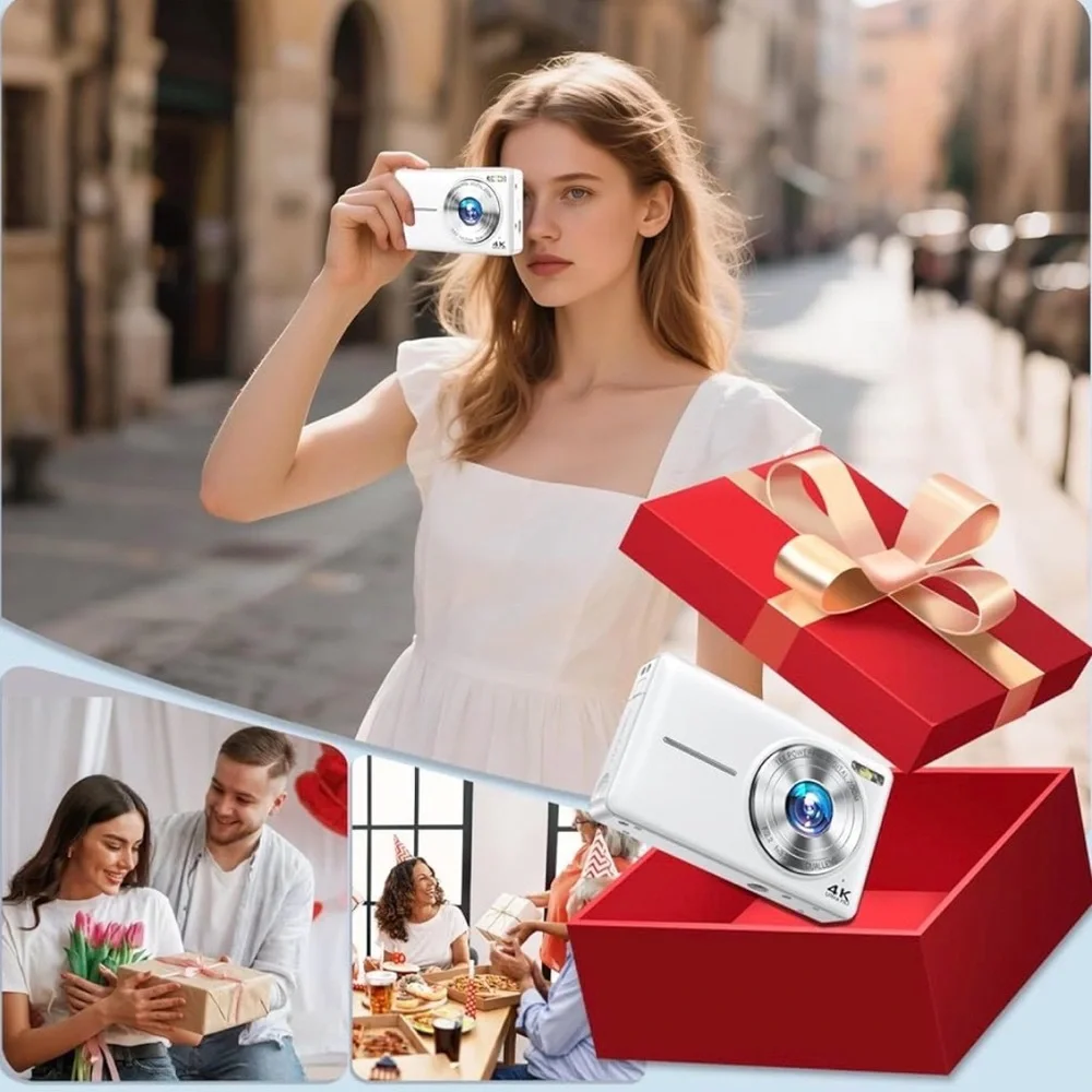 White 4K Compact Digital Camera with LCD Display